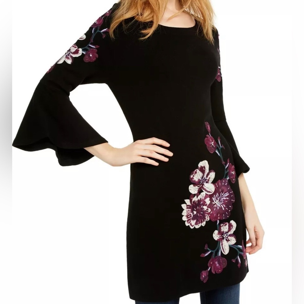 Orchids Embroidered Flare Sleeves Purple Black Knit Sweater Tunic Dress size S